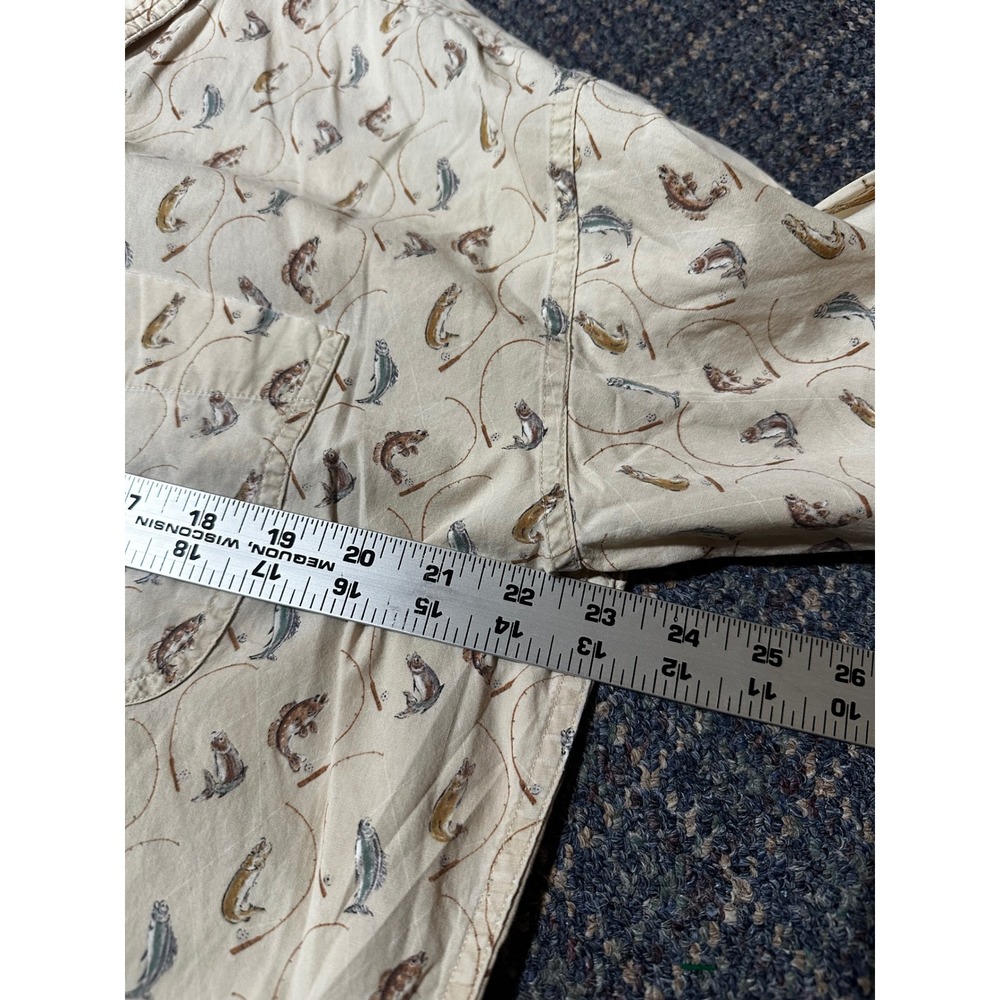 Chaps Ralph Lauren Mens M Vintage Fishing Print Cotton Button Down Shirt Cream - Picture 7 of 8